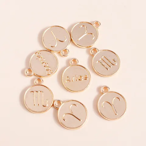 Alloy 12 Constellation Zodiac Sign Round Disc Pendant Only Embossed Gold Plated Charm For DIY Jewelry Making Necklaces Findings