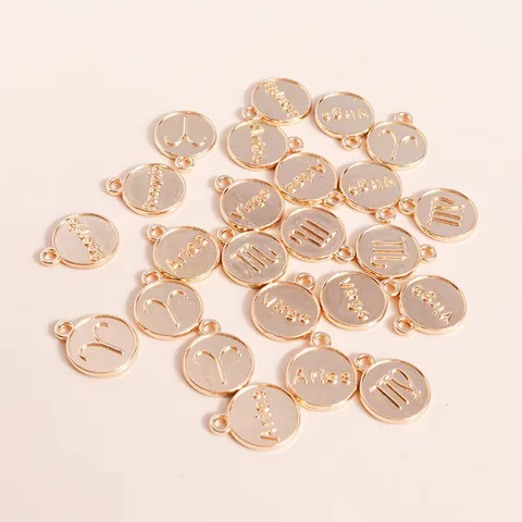 Alloy 12 Constellation Zodiac Sign Round Disc Pendant Only Embossed Gold Plated Charm For DIY Jewelry Making Necklaces Findings