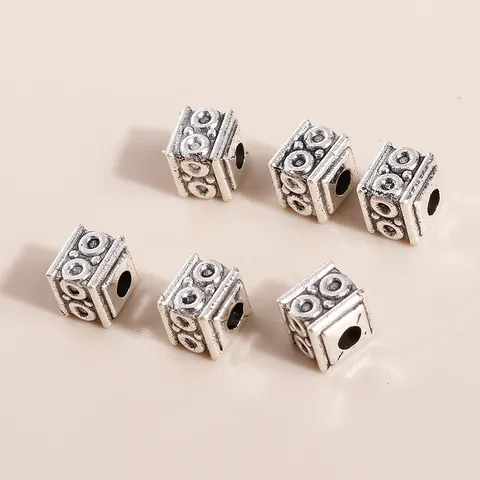 Antique Silver Alloy Square Spacer Beads Geometric Totem Pattern Relief For DIY Jewelry Making Retro Style Bracelet Cube Beads
