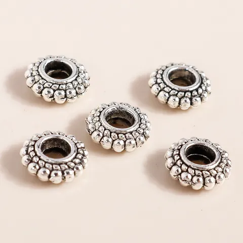 Retro Antique Silver Alloy Flat Round Spacer Beads With Granulated Texture For DIY Jewelry Making Bracelet Necklace Findings