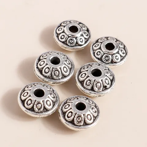 Antique Silver Alloy Flat Round Spacer Beads Relief Flower Pattern For DIY Bracelet Necklace Jewelry Making Connector Findings