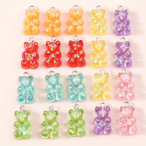 Colorful Resin Bear Charms With Glitter Sequins Metal Loop For DIY Necklace Earring Making Cute Animal Pendant Only