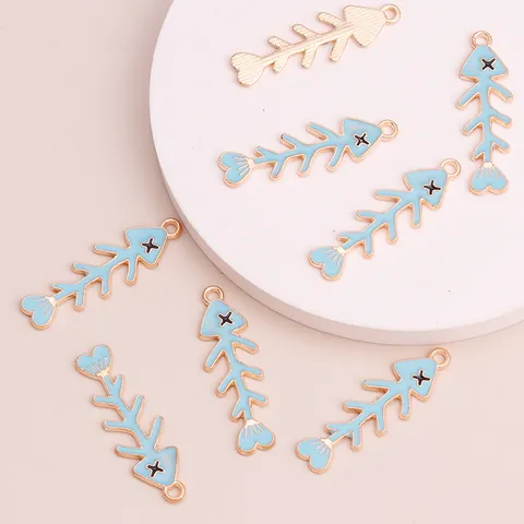 Cute Alloy Enamel Fishbone Pendants For DIY Jewelry Making Sky Blue Fish Bone Charms Necklace Phone Case Decor Accessories