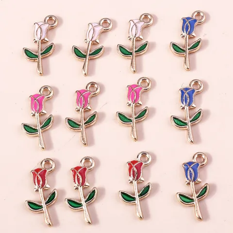 Zinc Alloy Rose Flower Enamel Pendant Charms For DIY Necklace Keychain Bracelet Making Sweet Floral Jewelry Accessories Pack