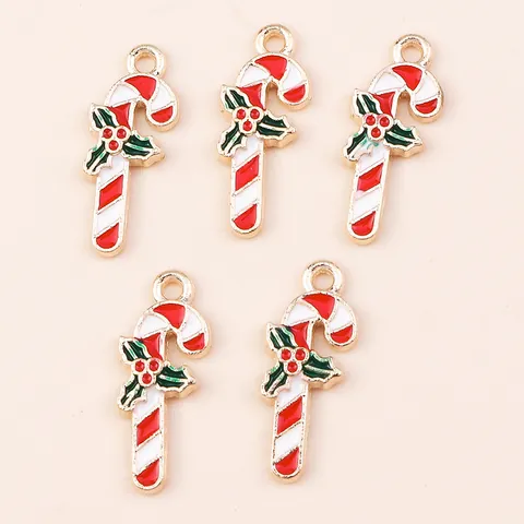 Alloy Christmas Candy Cane Charms With Holly Leaves Drip Oil Enamel Pendants For DIY Jewelry Making Bracelet Findings