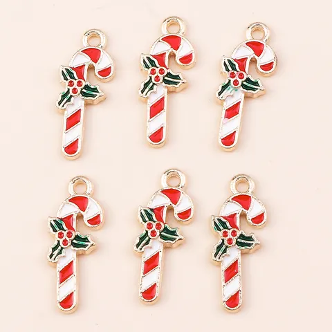 Alloy Christmas Candy Cane Charms With Holly Leaves Drip Oil Enamel Pendants For DIY Jewelry Making Bracelet Findings