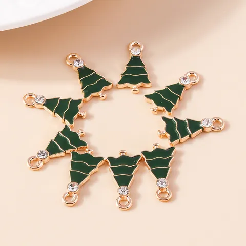 Enamel Christmas Tree Alloy Charms Gold Plated Green Drip Oil Pendants With Rhinestones DIY Jewelry Making Accessory