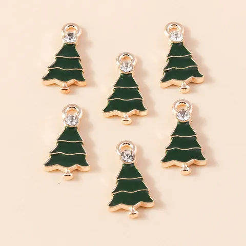 Enamel Christmas Tree Alloy Charms Gold Plated Green Drip Oil Pendants With Rhinestones DIY Jewelry Making Accessory
