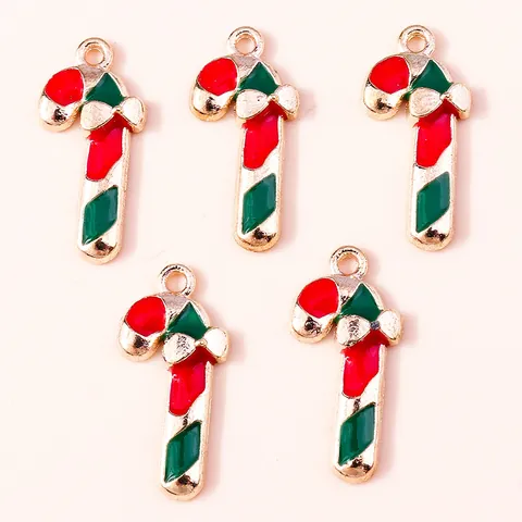 Alloy Christmas Candy Cane Pendants With Bow Enamel Festive DIY Jewelry Making Charms Red Green Gold Decorative Accessories