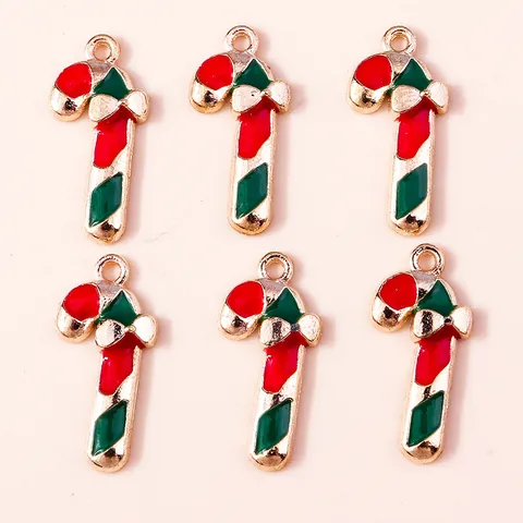 Alloy Christmas Candy Cane Pendants With Bow Enamel Festive DIY Jewelry Making Charms Red Green Gold Decorative Accessories