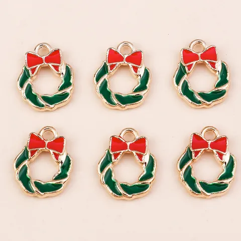 Christmas Wreath Alloy Enamel Charms Red Bow Green Holly DIY Pendants For Bracelet Necklace Jewelry Making Findings Craft