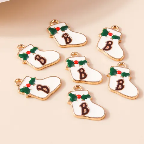 White Enamel Christmas Stocking Charms Zinc Alloy Gold Tone Letter B Pendant DIY Jewelry Making For Bracelet Necklace