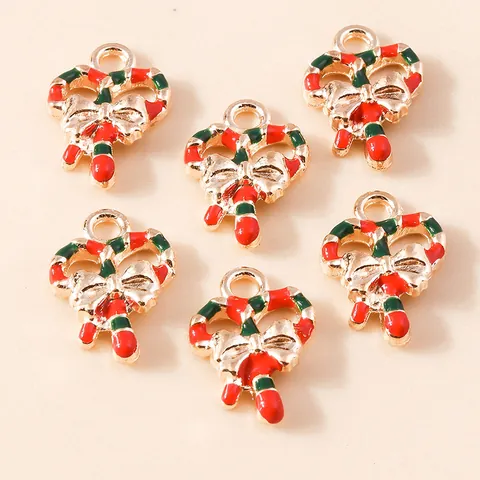 Zinc Alloy Enamel Christmas Candy Cane Charms With Bowknot For Jewelry Making DIY Necklace Bracelet Pendant Accessories