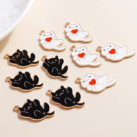 Cartoon Cute Long Tailed Cat Black White Cat With Red Heart Zinc Alloy Enamel Pendants For DIY Necklace Bracelet Jewelry Making Accessories