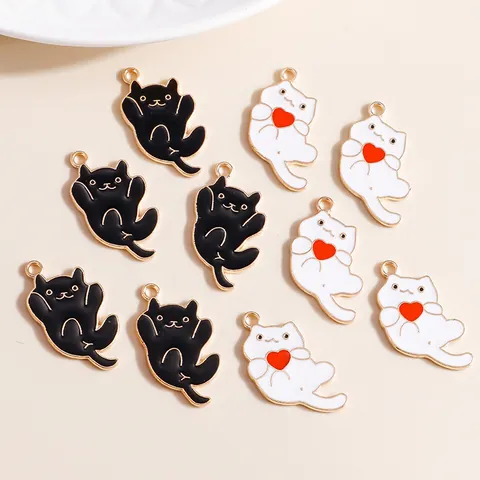 Cartoon Cute Long Tailed Cat Black White Cat With Red Heart Zinc Alloy Enamel Pendants For DIY Necklace Bracelet Jewelry Making Accessories