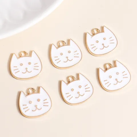 Cute Cartoon Cat Head Alloy Enamel Charm For DIY Jewelry Making Keychain Necklace Bracelet Pendant Accessory White Gold Plated Craft