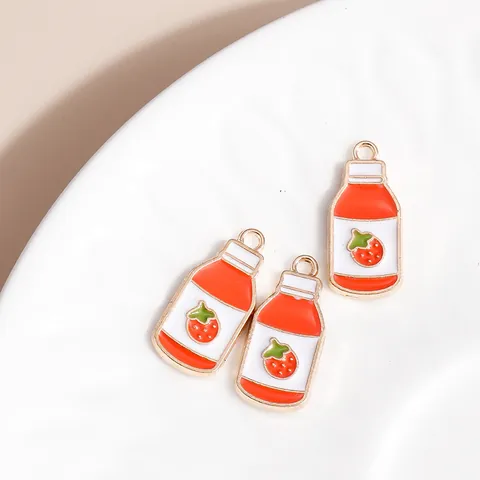 Cute Strawberry Milk Bottle Alloy Enamel Pendants For DIY Jewelry Making Keychain Phone Charms Drink Bottle Charms Decoration