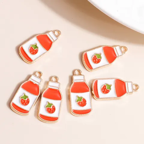 Cute Strawberry Milk Bottle Alloy Enamel Pendants For DIY Jewelry Making Keychain Phone Charms Drink Bottle Charms Decoration