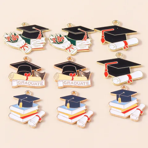 Graduation Theme Alloy Enamel Charms For Jewelry Making Doctoral Cap Diploma Book Bouquet Graduate Letter DIY Pendants Accessories