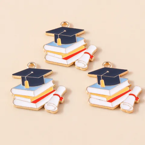 Graduation Theme Alloy Enamel Charms For Jewelry Making Doctoral Cap Diploma Book Bouquet Graduate Letter DIY Pendants Accessories
