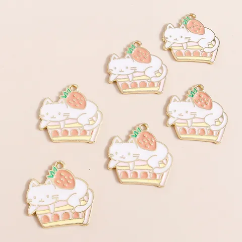 Cute Cat Strawberry Cupcake Alloy Enamel Charms Pendants For DIY Jewelry Making Keychain Bag Decoration Accessories