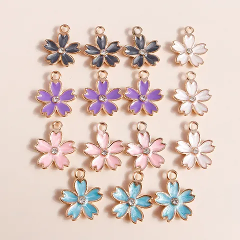Cherry Blossom Flower Pendants Alloy Rhinestone Enamel Sakura Charms For DIY Necklace Bracelet Earrings Jewelry Finding Gift