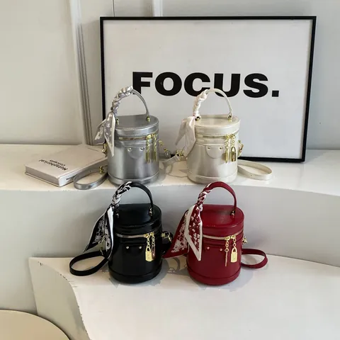 Fashion Women Cylindrical Bucket Bag PU Leather Handbag With Scarf Decor And Gold Metal Padlock Commuter Crossbody Bag