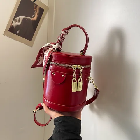 Fashion Women Cylindrical Bucket Bag PU Leather Handbag With Scarf Decor And Gold Metal Padlock Commuter Crossbody Bag