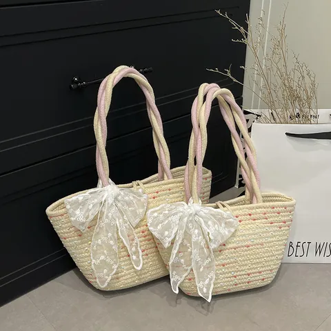 Bolso de Mano de Paja Tejida para Mujer Dulce Lazo de Encaje Decoración de Perlas Bloque de Color Playa Verano Bolso de Cubo