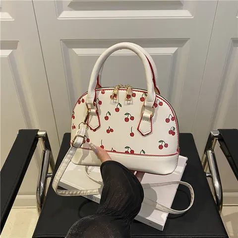 Bolso de Mano de Concha con Estampado de Cerezas Dulces para Mujer Cuero PU Color de Contraste Bolso de Bandolera Ajustable