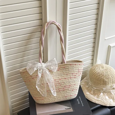 Bolso de Mano de Paja Tejida para Mujer Dulce Lazo de Encaje Decoración de Perlas Bloque de Color Playa Verano Bolso de Cubo