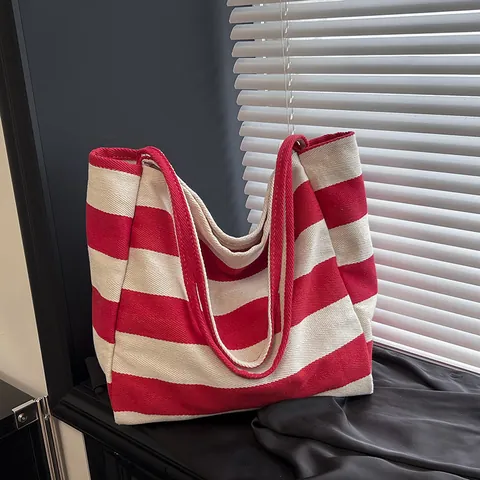 Women Casual Canvas Striped Tote Bag Large Capacity Open Top Shoulder Bag Simple Striped Handbag For Shopping Beach