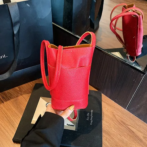 Minimalist Women PU Leather Bucket Bag Lychee Pattern Crossbody Phone Bag Daily Commute Shoulder Bag With Magnetic Buckle