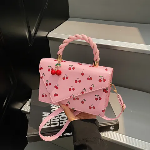 Bolso Cuadrado Pequeño De Cuero PU Con Estampado De Cerezas Bolso Sobre Con Asa Tejida Colgante De Cereza Bandolera