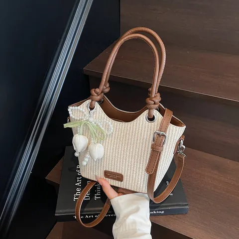 Bolso de Cubo de Paja Tejida para Mujer con Asa de Cuero PU Bolso Bandolera Colgante Perla Tulipa Color Contraste Vacaciones
