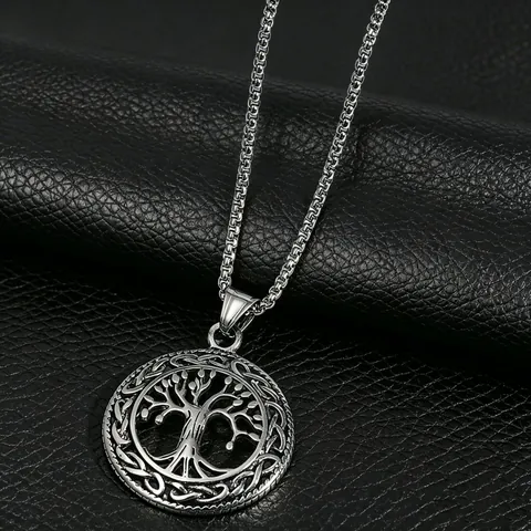 Vintage Alloy Celtic Tree Of Life Pendant Necklace For Men Women Round Tree Pattern Box Chain Jewelry Unique Gift Necklaces