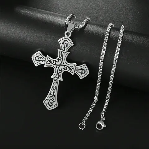 Vintage Gothic Edelstahl Kreuz Anhänger Halskette Für Herren Damen Retro Geschnitztes Muster Punk Hip Hop Modeschmuck Geschenk