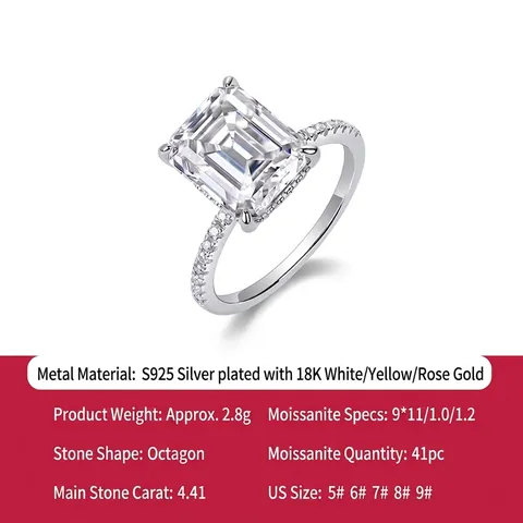 Anillo de Lujo de Plata de Ley 925 con Moissanita Corte Princesa Cuadrado Incrustado Moda Personalidad Joyería para Mujer Boda Compromiso