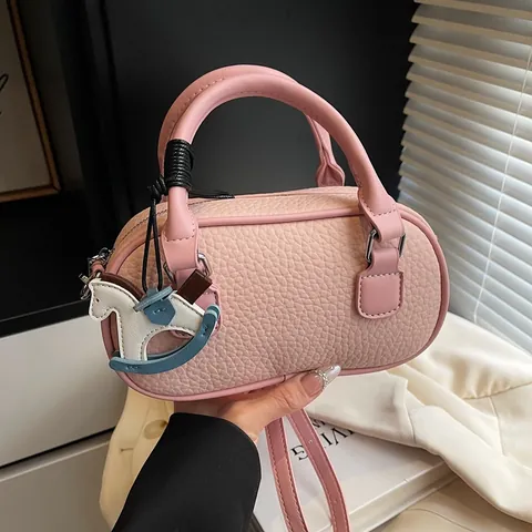 Women Elegant Pebbled PU Leather Boston Bag Mini Bowling Handbag Stylish Crossbody Bag with Cute Rocking Horse Charm