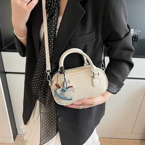 Women Elegant Pebbled PU Leather Boston Bag Mini Bowling Handbag Stylish Crossbody Bag with Cute Rocking Horse Charm