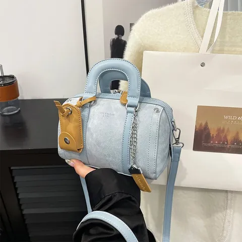 Borsa a Tracolla Donna Fashion Mini Boston Pillow in Pelle PU Texture Denim Con Catena e Manico Superiore