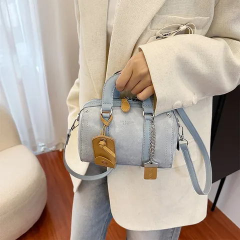Borsa a Tracolla Donna Fashion Mini Boston Pillow in Pelle PU Texture Denim Con Catena e Manico Superiore