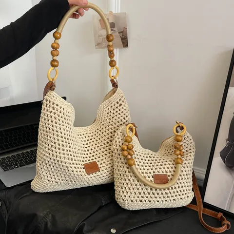 Handwoven Bohemian Tote Bag Large Capacity For Women Summer Beach Bag With Wood Beads Handle Casual Shoulder Bag