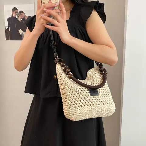 Handwoven Bohemian Tote Bag Large Capacity For Women Summer Beach Bag With Wood Beads Handle Casual Shoulder Bag