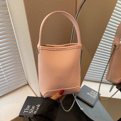 Dames Mode PU Leer Mini Emmer Tas Lychee Textuur Magneetsluiting Crossbody Tas Met Zilveren Metalen Ketting Schoudertas Handtas