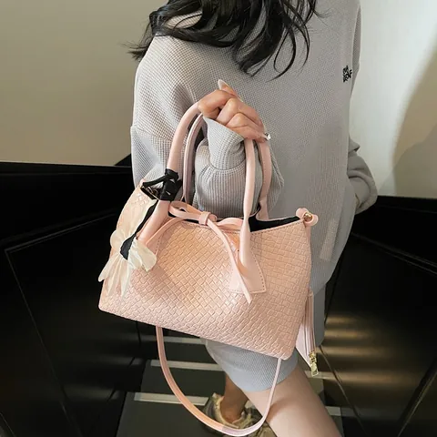 Minimalist Woven Texture PU Leather Tote Bag And Pouch With Flower Charm Handheld Crossbody Bag Women Fashion Commuter Daily