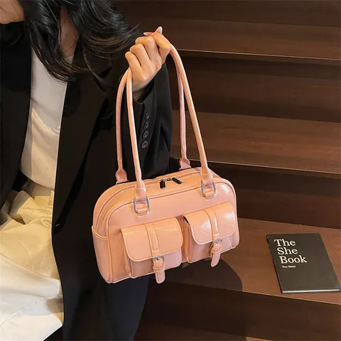 Women Glossy PU Leather Shoulder Bag Vintage Commuter Handbag Bowling Underarm Purse Daily Fashion Top Handle Bag With Pockets