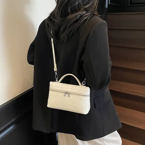 Women's Fashion Quilted Rhombic PU Leather Handbag With Top Handle Adjustable Shoulder Strap Double Zipper Small Square Bag