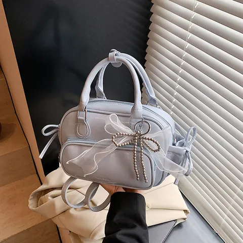 Bolso Boston de Cuero PU para Mujer Estilo Coreano Mochila Multifuncional Brillante Bolso de Hombro Con Lazo de Encaje y Perla