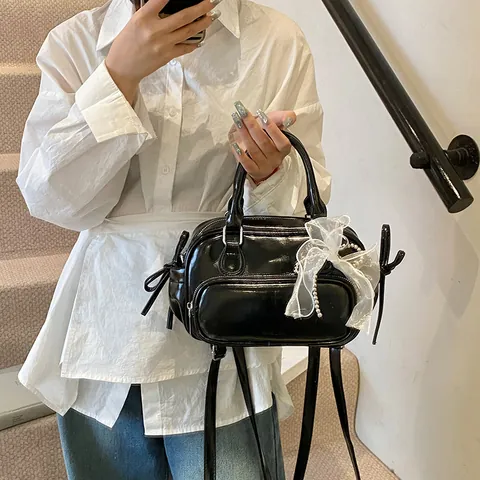 Bolso Boston de Cuero PU para Mujer Estilo Coreano Mochila Multifuncional Brillante Bolso de Hombro Con Lazo de Encaje y Perla